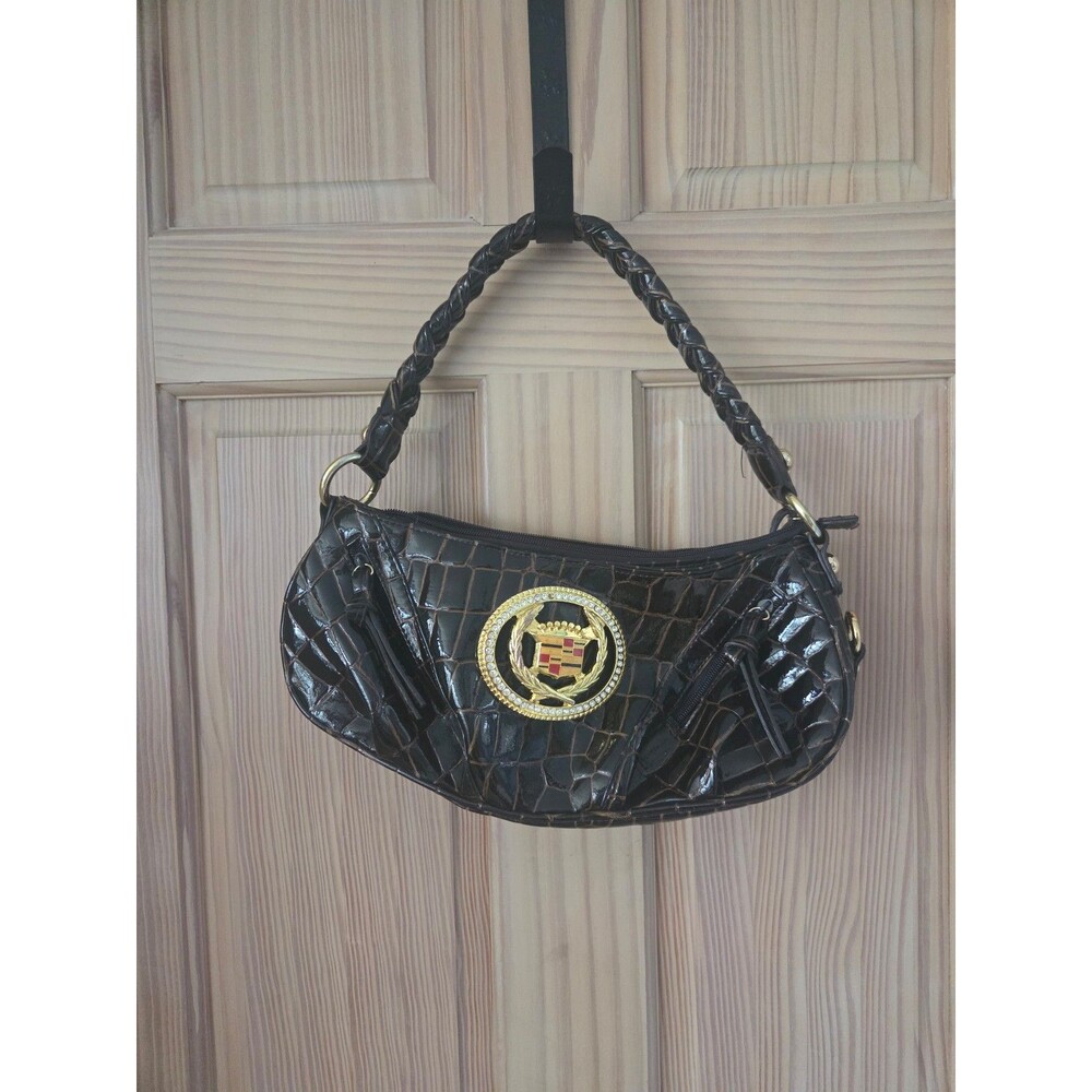 Cadillac Purse Brown Patent Leather Faux Croc Pattern Gold Emblem Shoulder Bag